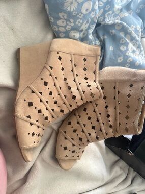 Michael Kors Tan Suede Perforated Peep-Toe Wedge Booties